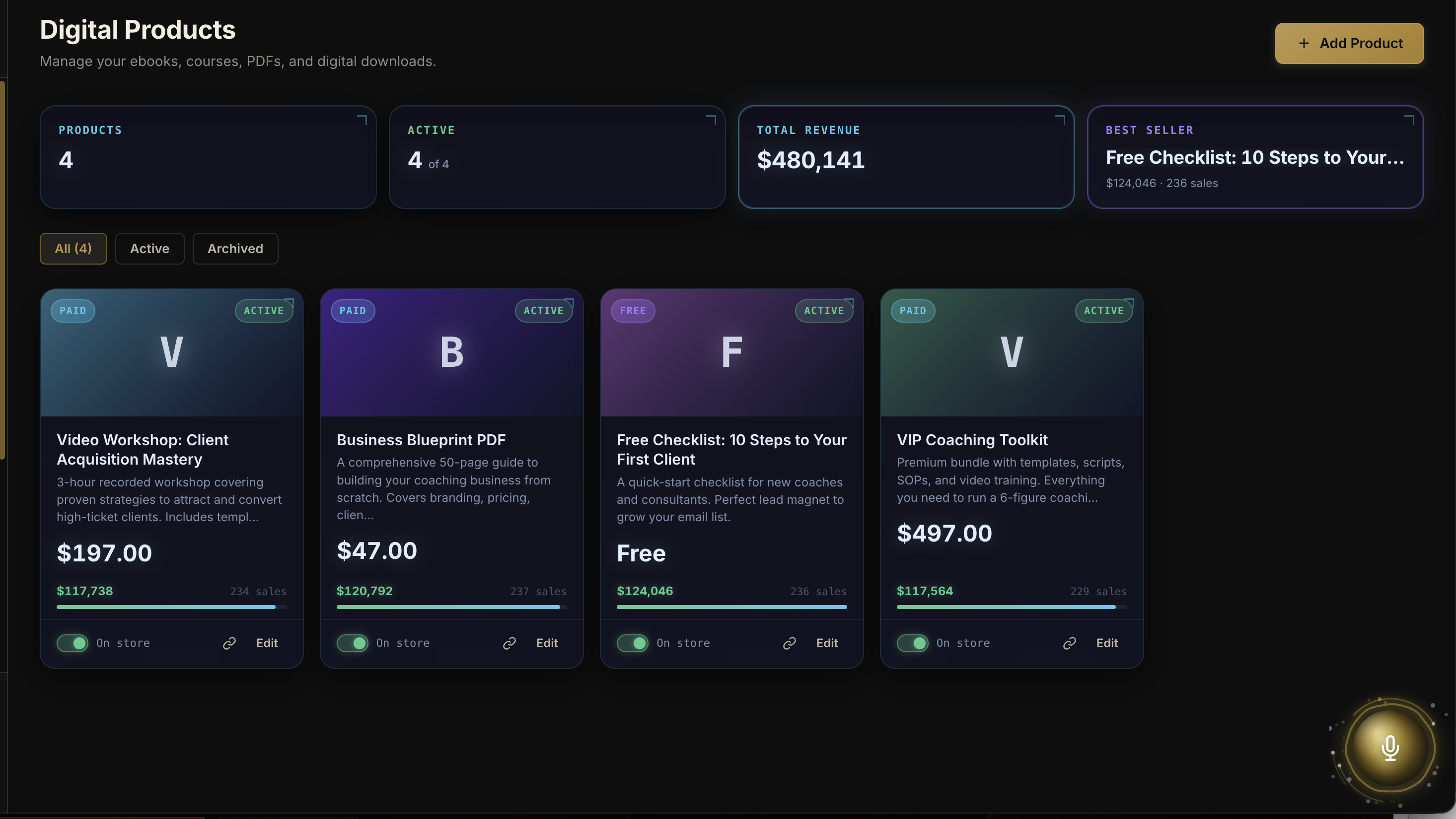 Digital products storefront screen